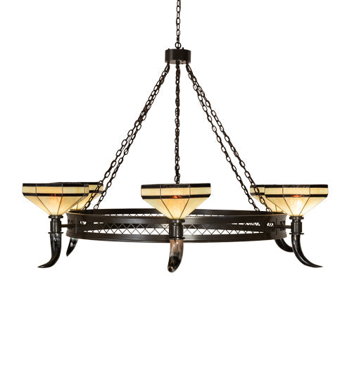 Meyda Lighting Topridge 72" 6-Light Timeless Bronze Chandelier With Beige & Brown Stained Shade Glass