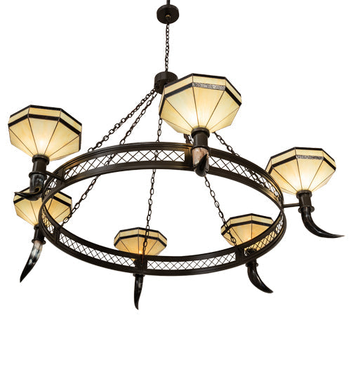 Meyda Lighting Topridge 72" 6-Light Timeless Bronze Chandelier With Beige & Brown Stained Shade Glass