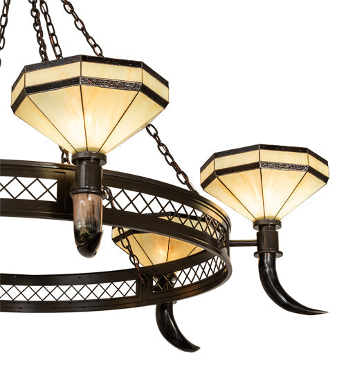 Meyda Lighting Topridge 72" 6-Light Timeless Bronze Chandelier With Beige & Brown Stained Shade Glass