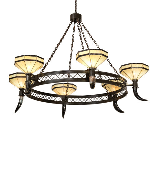 Meyda Lighting Topridge 72" 6-Light Timeless Bronze Chandelier With Beige & Brown Stained Shade Glass
