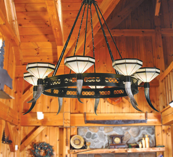 Meyda Lighting Topridge 72" 8-Light Timeless Bronze Chandelier With Bone Beige Shade Glass