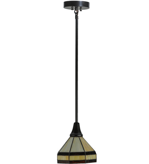 Meyda Lighting Topridge 8" Craftsman Brown Mini Pendant Light With Beige and Root Beer Shade Glass