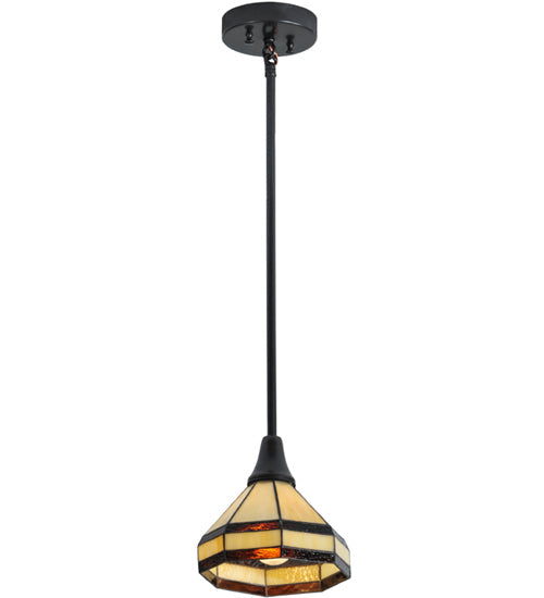 Meyda Lighting Topridge 8" Craftsman Brown Mini Pendant Light With Beige and Root Beer Shade Glass