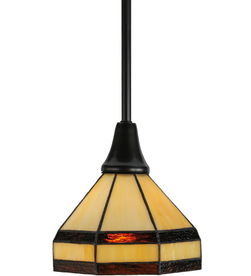 Meyda Lighting Topridge 8" Craftsman Brown Mini Pendant Light With Beige and Root Beer Shade Glass
