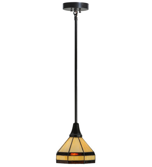 Meyda Lighting Topridge 8" Craftsman Brown Mini Pendant Light With Beige and Root Beer Shade Glass