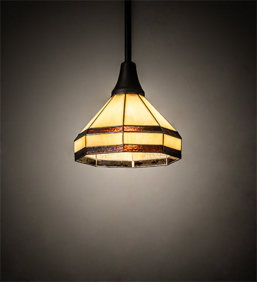 Meyda Lighting Topridge 8" Craftsman Brown Mini Pendant Light With Brown & Beige Shade Glass
