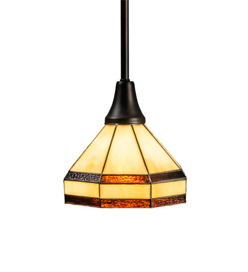 Meyda Lighting Topridge 8" Craftsman Brown Mini Pendant Light With Brown & Beige Shade Glass