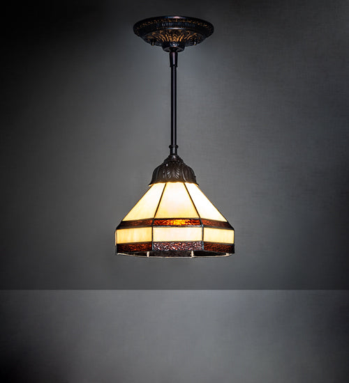 Meyda Lighting Topridge 8" Mahogany Bronze Mini Pendant Light With Brown & Beige Stained Shade Glass
