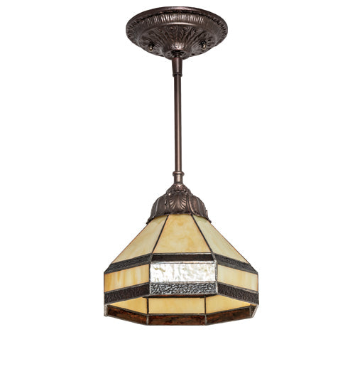 Meyda Lighting Topridge 8" Mahogany Bronze Mini Pendant Light With Brown & Beige Stained Shade Glass