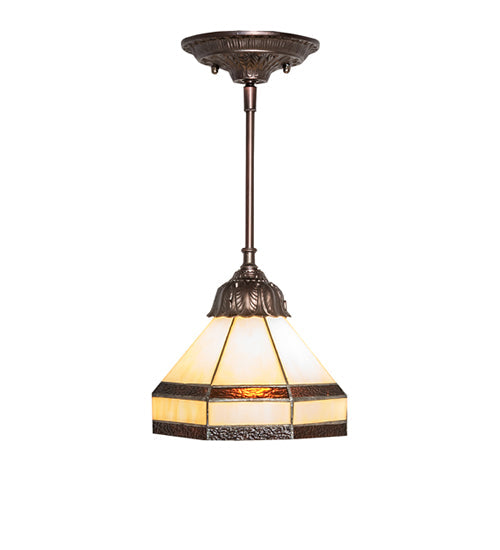 Meyda Lighting Topridge 8" Mahogany Bronze Mini Pendant Light With Brown & Beige Stained Shade Glass