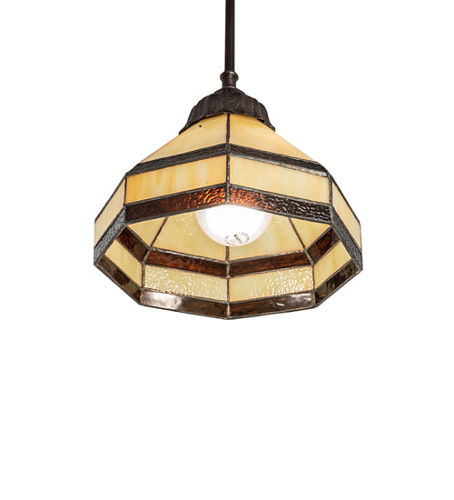 Meyda Lighting Topridge 8" Mahogany Bronze Mini Pendant Light With Brown & Beige Stained Shade Glass