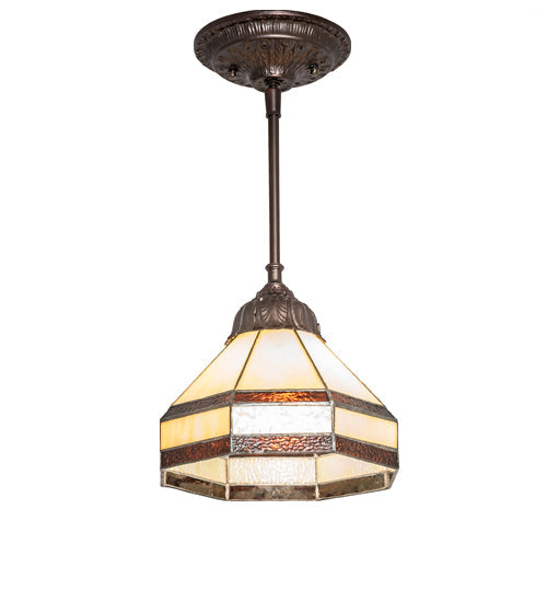 Meyda Lighting Topridge 8" Mahogany Bronze Mini Pendant Light With Brown & Beige Stained Shade Glass