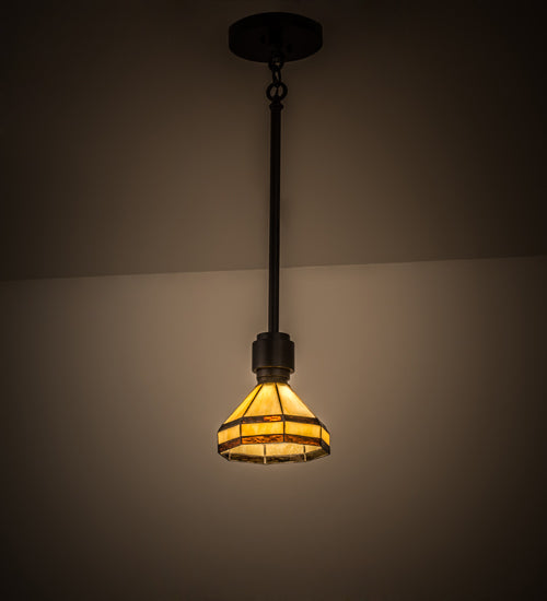 Meyda Lighting Topridge 8" Timeless Bronze Mini Pendant Light With Brown & Beige Stained Shade Glass