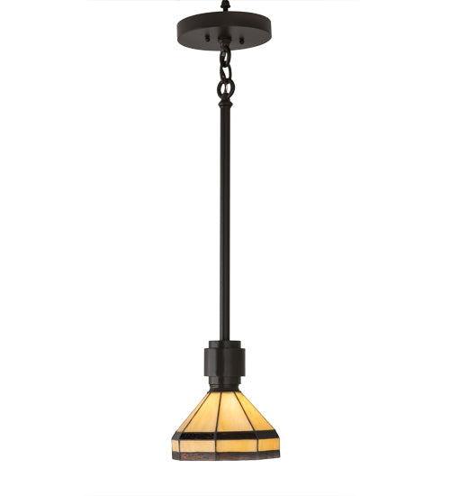 Meyda Lighting Topridge 8" Timeless Bronze Mini Pendant Light With Brown & Beige Stained Shade Glass