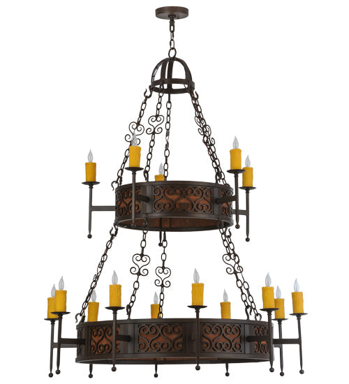 Meyda Lighting Toscano 48" 15-Light 2-Tier Cafe Noir Natural Rust Chandelier With Amber Faux Candlelight