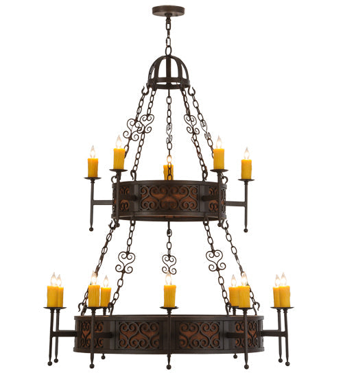 Meyda Lighting Toscano 48" 15-Light 2-Tier Cafe Noir Natural Rust Chandelier With Amber Faux Candlelight