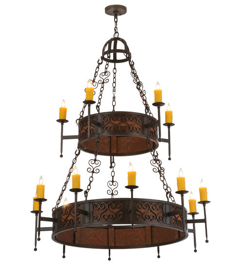 Meyda Lighting Toscano 48" 15-Light 2-Tier Cafe Noir Natural Rust Chandelier With Amber Faux Candlelight