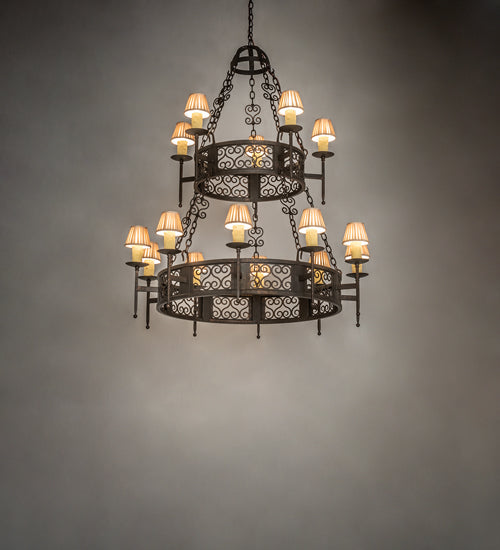 Meyda Lighting Toscano 48" 15-Light 2-Tier Gilded Tobacco Chandelier With Cream Silk Pleated Fabric Shade