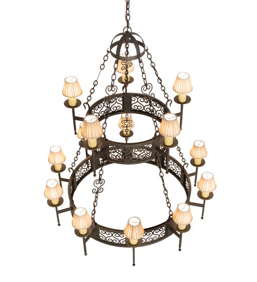 Meyda Lighting Toscano 48" 15-Light 2-Tier Gilded Tobacco Chandelier With Cream Silk Pleated Fabric Shade