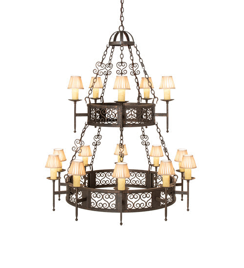 Meyda Lighting Toscano 48" 15-Light 2-Tier Gilded Tobacco Chandelier With Cream Silk Pleated Fabric Shade