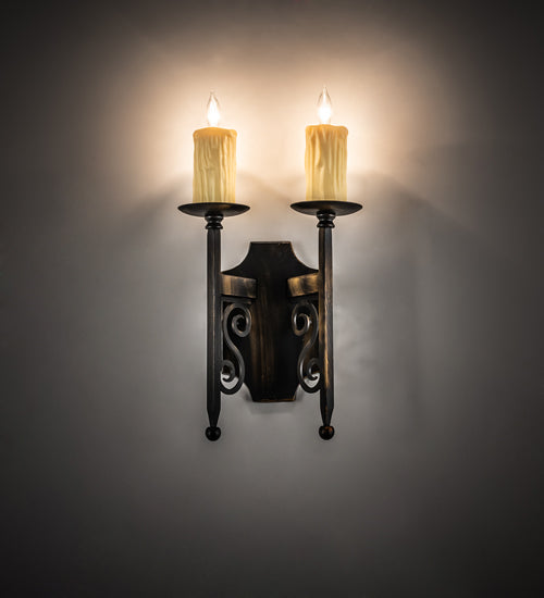 Meyda Lighting Toscano 9" 2-Light Antique Black Wall Sconce With Ivory Faux Candlelight