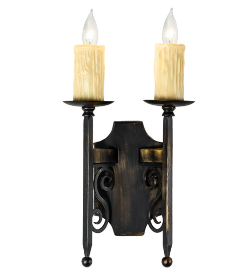 Meyda Lighting Toscano 9" 2-Light Antique Black Wall Sconce With Ivory Faux Candlelight