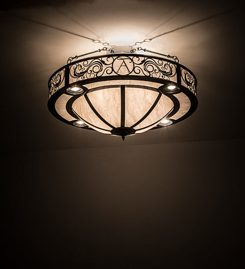 Meyda Lighting Toulouse 36" 13-Light Charcoal Grey Personalized Monogram Inverted Pendant Light With White Angelwing Idalight Shade Glass