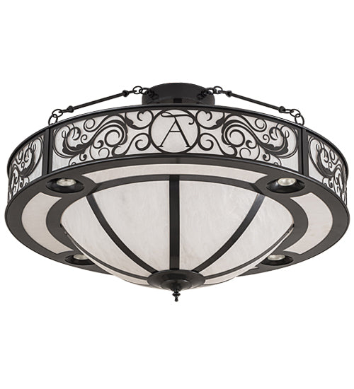 Meyda Lighting Toulouse 36" 13-Light Charcoal Grey Personalized Monogram Inverted Pendant Light With White Angelwing Idalight Shade Glass