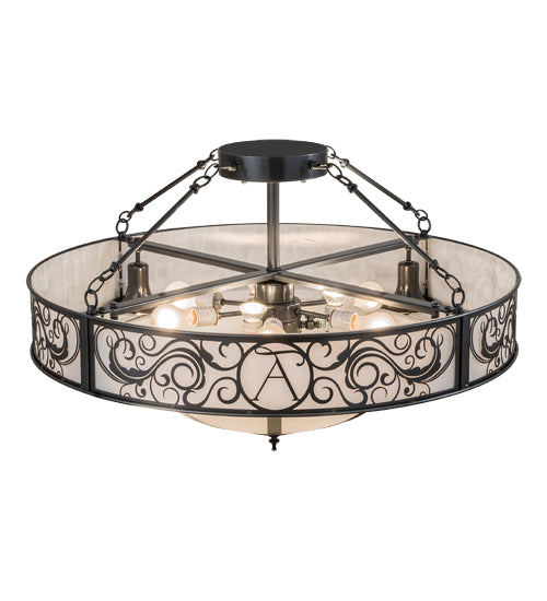 Meyda Lighting Toulouse 36" 13-Light Charcoal Grey Personalized Monogram Inverted Pendant Light With White Angelwing Idalight Shade Glass