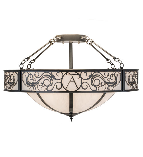 Meyda Lighting Toulouse 36" 13-Light Charcoal Grey Personalized Monogram Inverted Pendant Light With White Angelwing Idalight Shade Glass