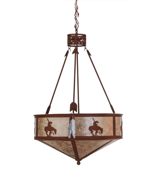 Meyda Lighting Trails End 24" 4-Light Red Rust Inverted Pendant Light With Silver Mica Shade Glass