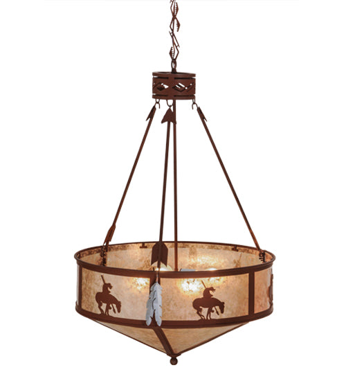 Meyda Lighting Trails End 24" 4-Light Red Rust Inverted Pendant Light With Silver Mica Shade Glass