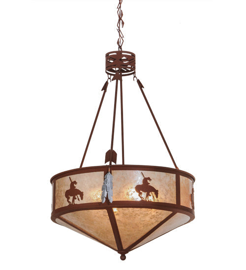 Meyda Lighting Trails End 24" 4-Light Red Rust Inverted Pendant Light With Silver Mica Shade Glass