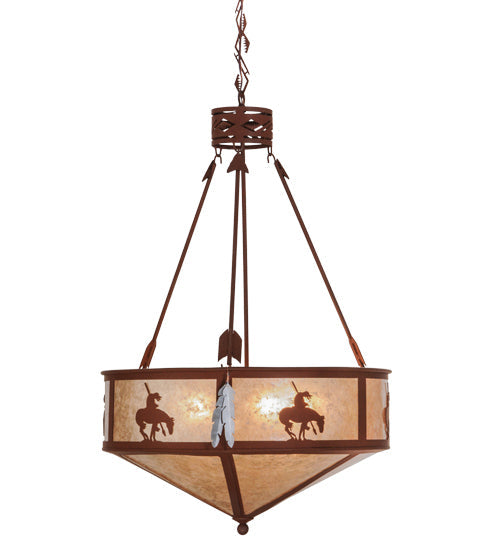 Meyda Lighting Trails End 24" 4-Light Red Rust Inverted Pendant Light With Silver Mica Shade Glass
