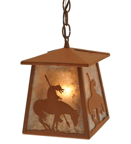 Meyda Lighting Trails End 7"Sq Rust Lantern Pendant Light With Silver Mica Shade Glass