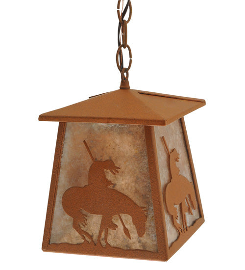 Meyda Lighting Trails End 7"Sq Rust Lantern Pendant Light With Silver Mica Shade Glass