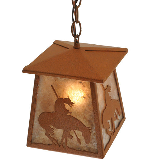 Meyda Lighting Trails End 7"Sq Rust Lantern Pendant Light With Silver Mica Shade Glass