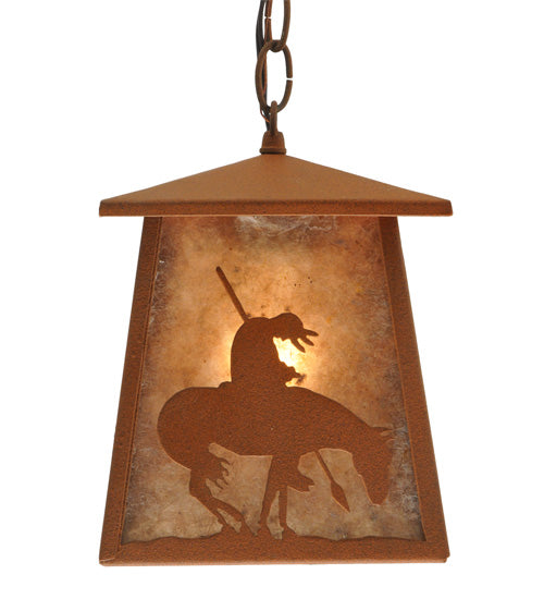 Meyda Lighting Trails End 7"Sq Rust Lantern Pendant Light With Silver Mica Shade Glass