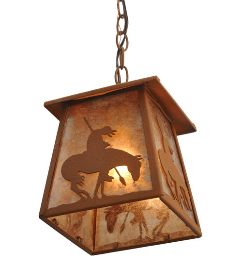 Meyda Lighting Trails End 7"Sq Rust Lantern Pendant Light With Silver Mica Shade Glass