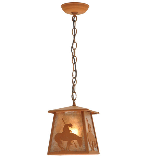Meyda Lighting Trails End 7"Sq Rust Lantern Pendant Light With Silver Mica Shade Glass