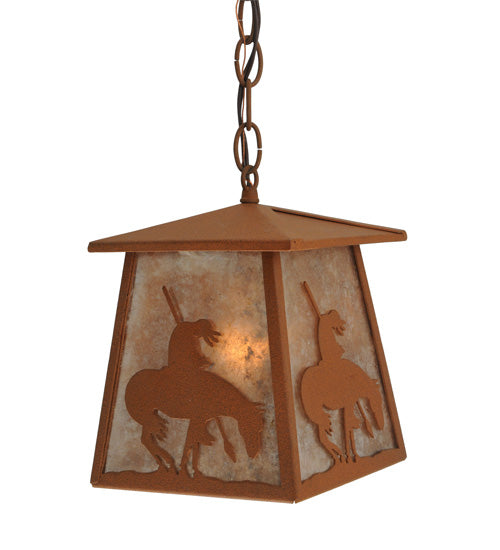 Meyda Lighting Trails End 7"Sq Rust Lantern Pendant Light With Silver Mica Shade Glass