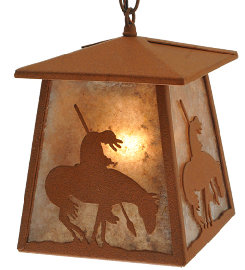 Meyda Lighting Trails End 7"Sq Rust Lantern Pendant Light With Silver Mica Shade Glass