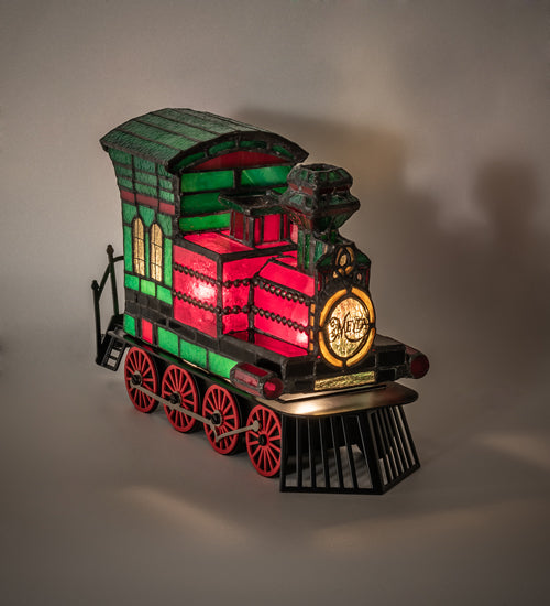 Meyda Lighting Train 10"H x 11"W 2-Light Black Locomotive Lighted Sculpture Table Lamp With Multi-Colored Shade Glass