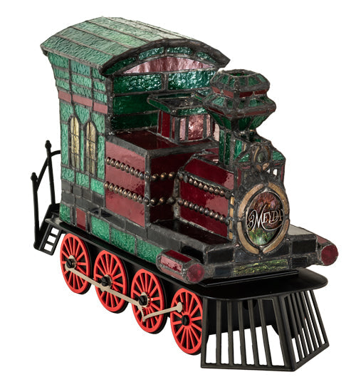 Meyda Lighting Train 10"H x 11"W 2-Light Black Locomotive Lighted Sculpture Table Lamp With Multi-Colored Shade Glass