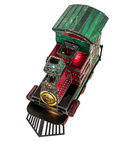 Meyda Lighting Train 10"H x 11"W 2-Light Black Locomotive Lighted Sculpture Table Lamp With Multi-Colored Shade Glass