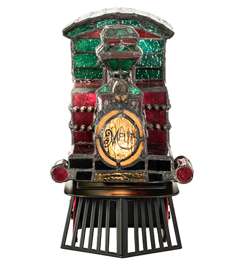 Meyda Lighting Train 10"H x 11"W 2-Light Black Locomotive Lighted Sculpture Table Lamp With Multi-Colored Shade Glass
