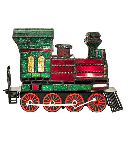 Meyda Lighting Train 10"H x 11"W 2-Light Black Locomotive Lighted Sculpture Table Lamp With Multi-Colored Shade Glass