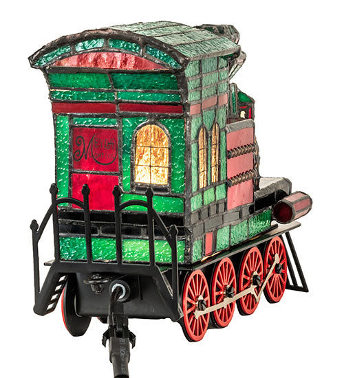 Meyda Lighting Train 10"H x 11"W 2-Light Black Locomotive Lighted Sculpture Table Lamp With Multi-Colored Shade Glass