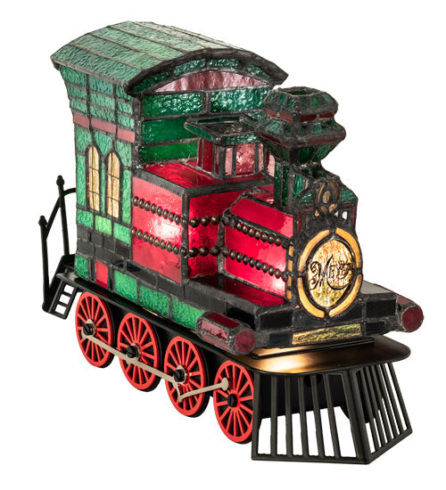Meyda Lighting Train 10"H x 11"W 2-Light Black Locomotive Lighted Sculpture Table Lamp With Multi-Colored Shade Glass