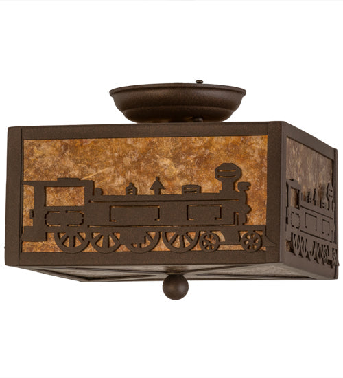 Meyda Lighting Train 15" 2-Light Cafe Noir Flush Mount Light With Amber Mica Shade Glass